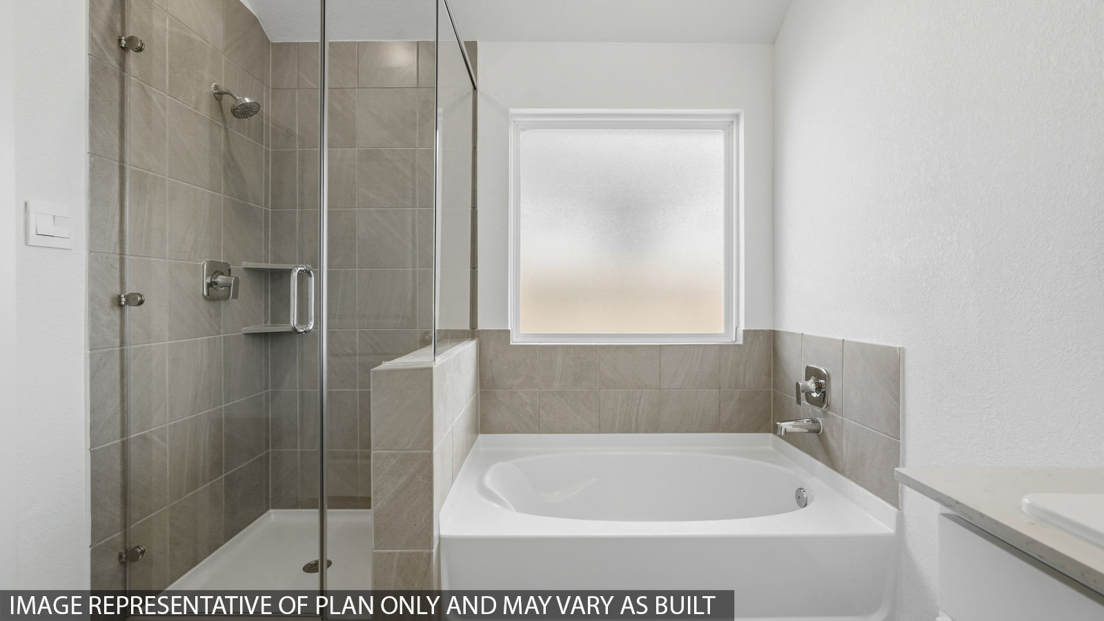 Primary bathroom with a shower, tub, dual sinks, white cabinets, white walls, and vinyl wood flooring.