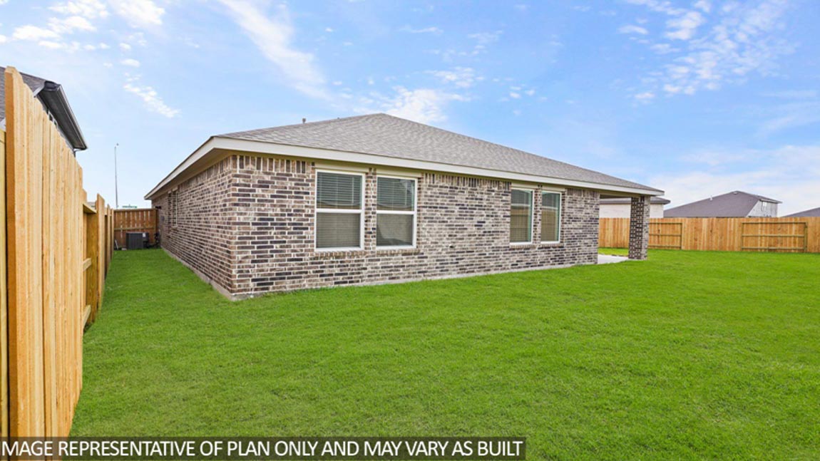 Landscaped backyard with a covered patio.