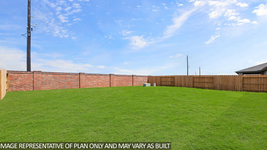 Landscaped backyard with a covered patio.
