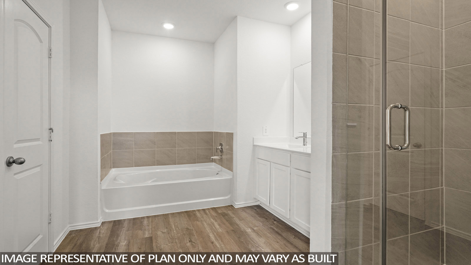 Primary bathroom with dual sinks, shower, tub, white walls, and vinyl wood flooring.