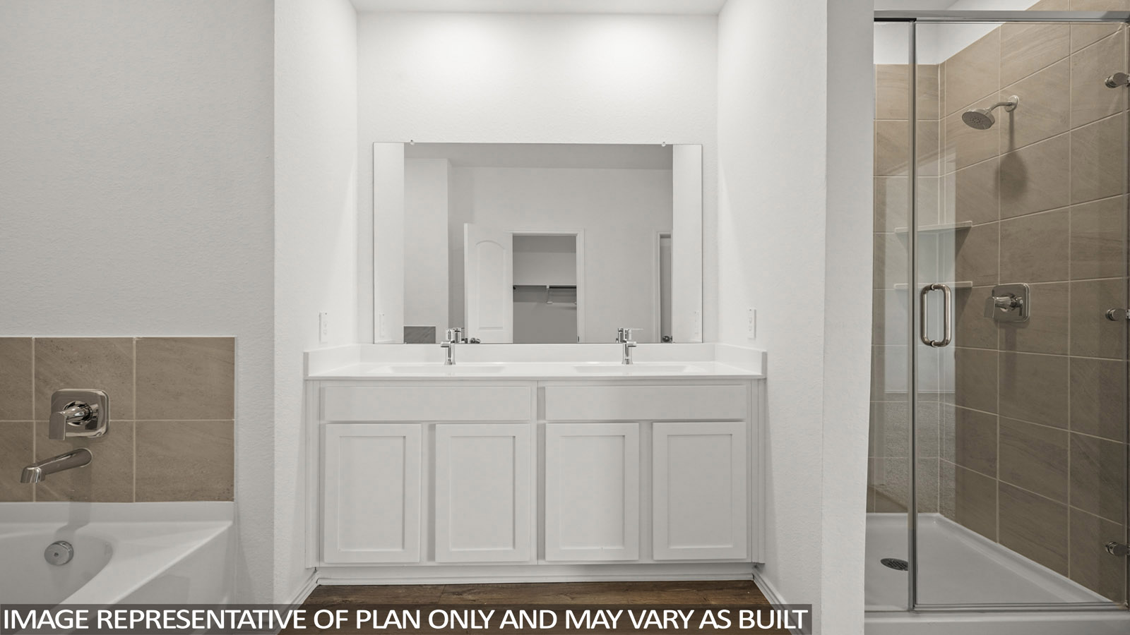 Primary bathroom with dual sinks, shower, tub, white walls, and vinyl wood flooring.