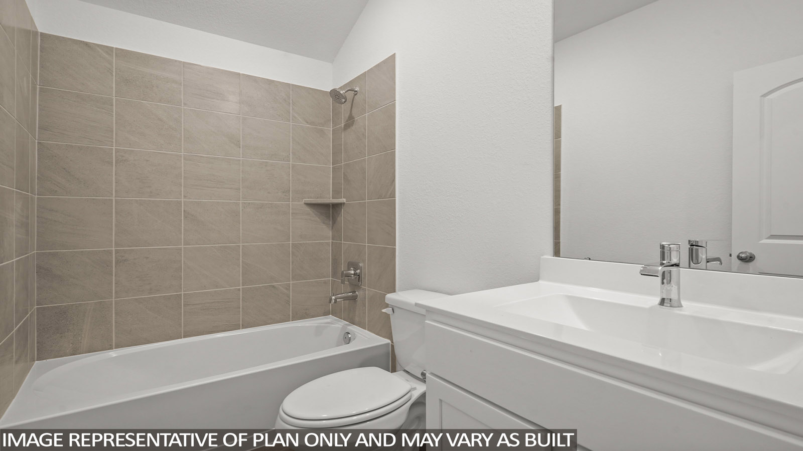 Secondary bathroom with a shower and tub combo, white walls, and vinyl wood flooring.