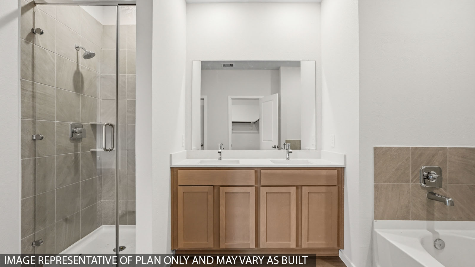 Primary bathroom with dual sinks, shower, tub, white walls, and vinyl wood flooring.