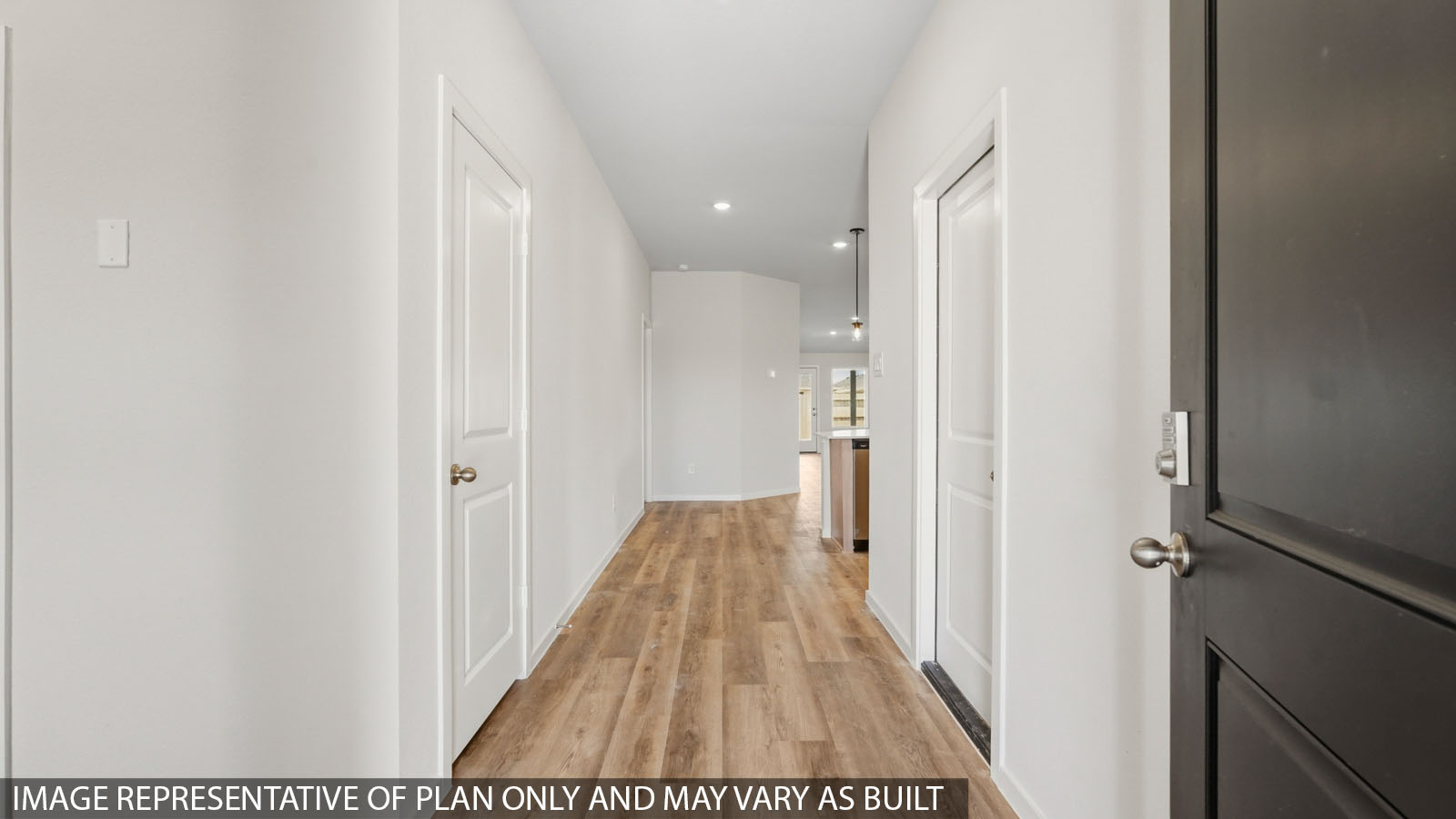 Entry hallway with white walls and vinyl wood flooring.