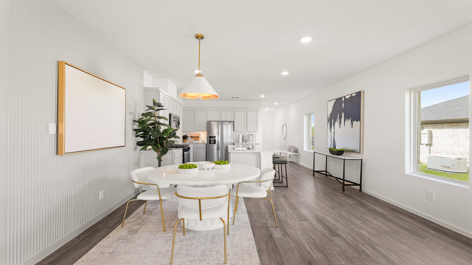 open concept living and dining area with vinyl flooring, quartz countertops, and large windows