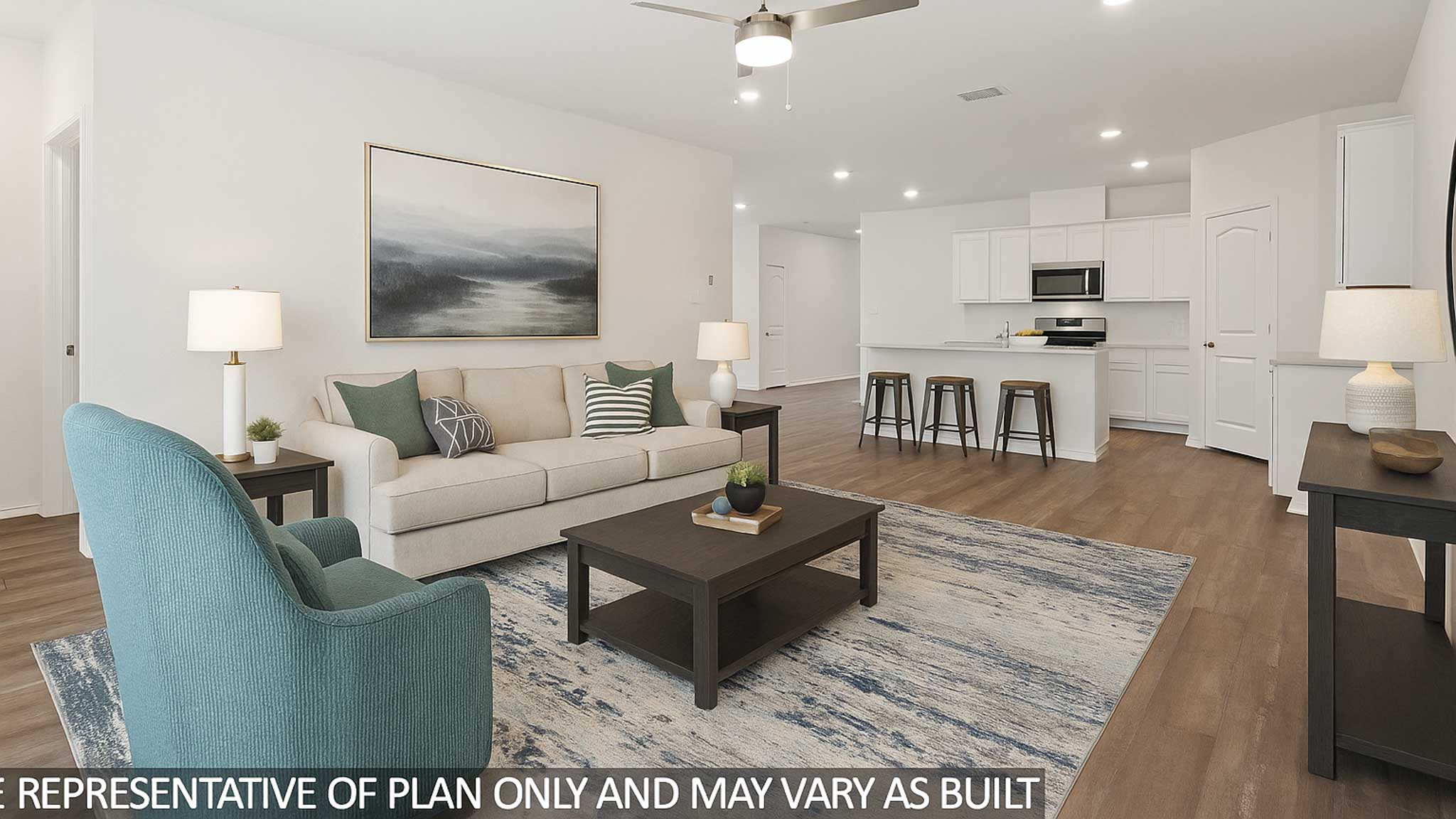 open concept living and dining area with vinyl flooring, quartz countertops, and large windows in Hockley, Tx