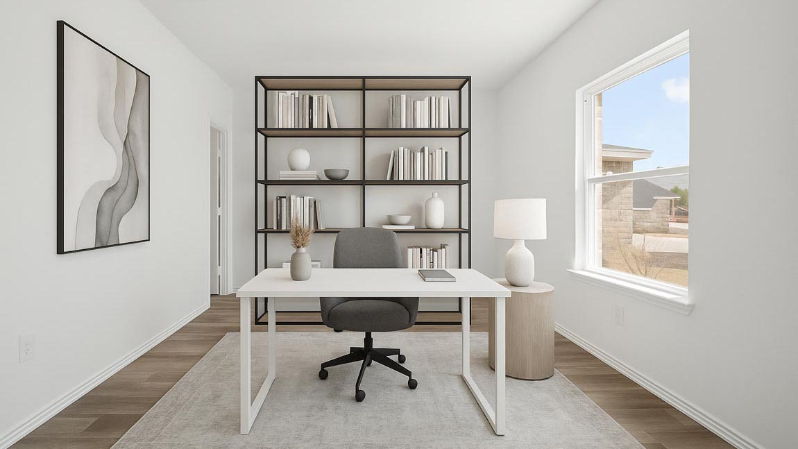 office with vinyl flooring and large window