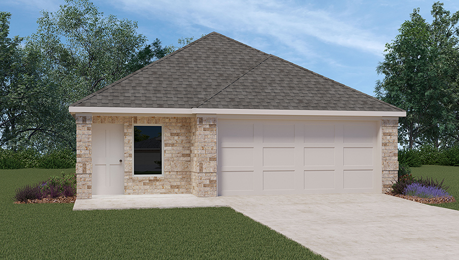 Single-story home with two-car garage.