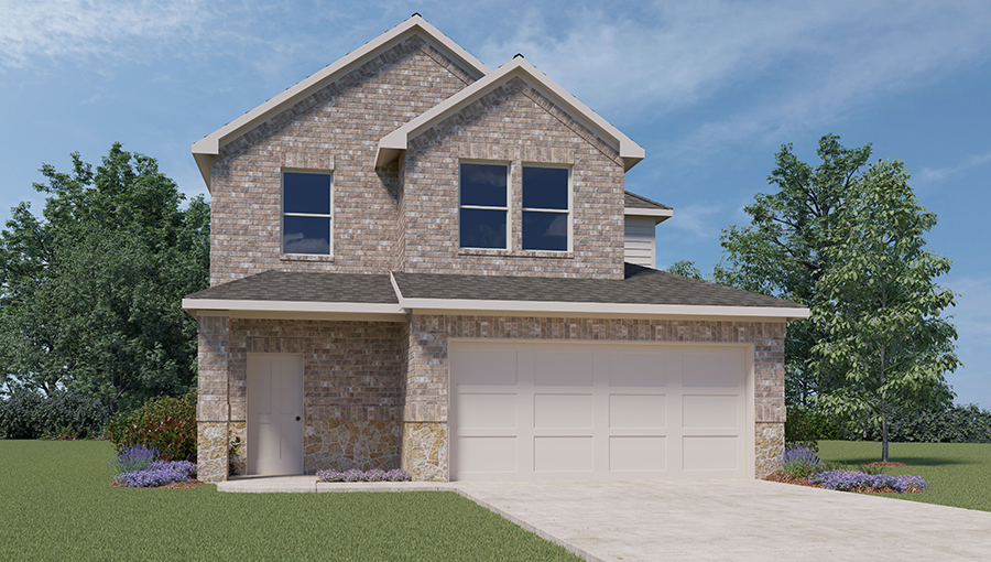 Two-story home with a two-car garage.