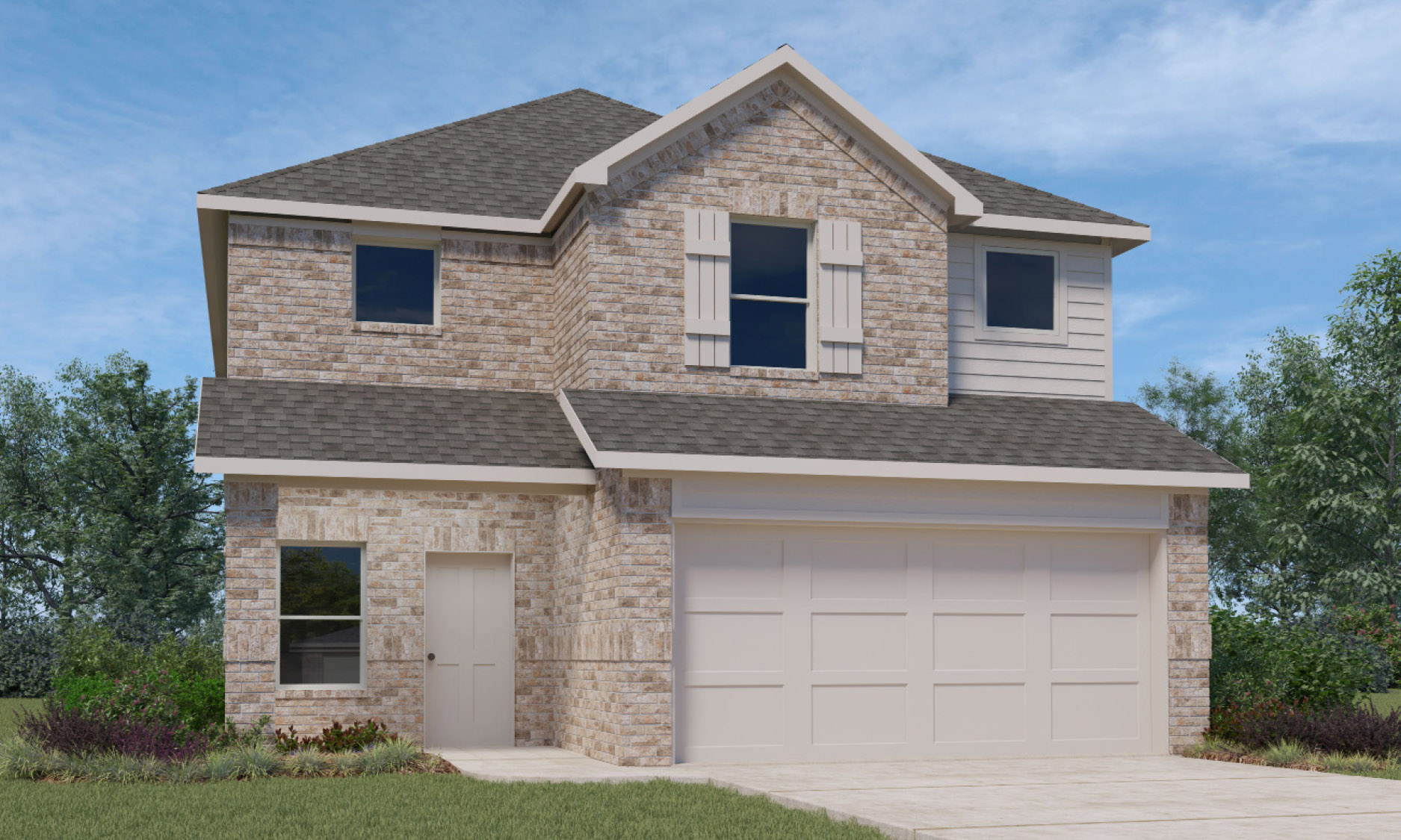 Two-story home with two-car garage.