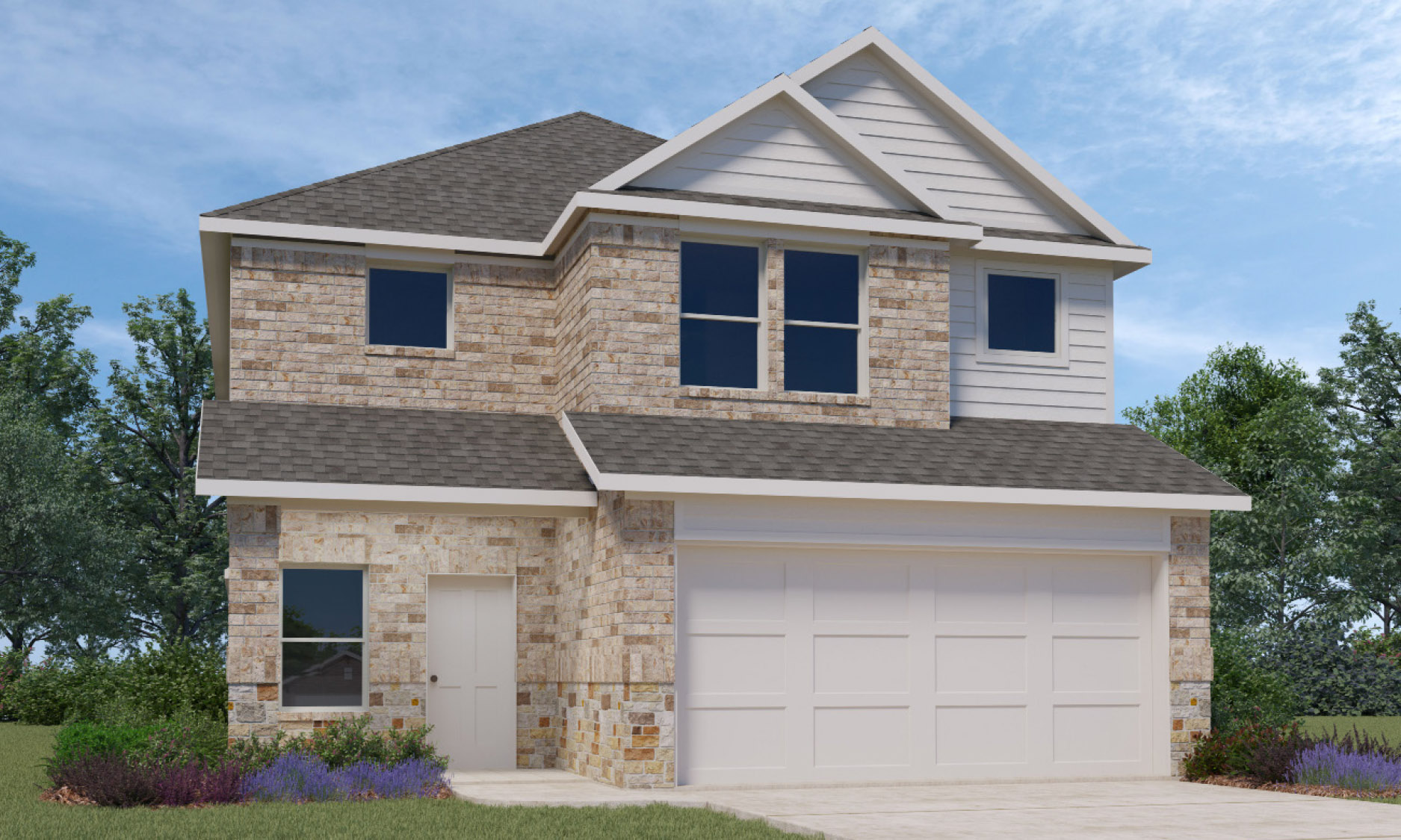 Two-story home with two-car garage.