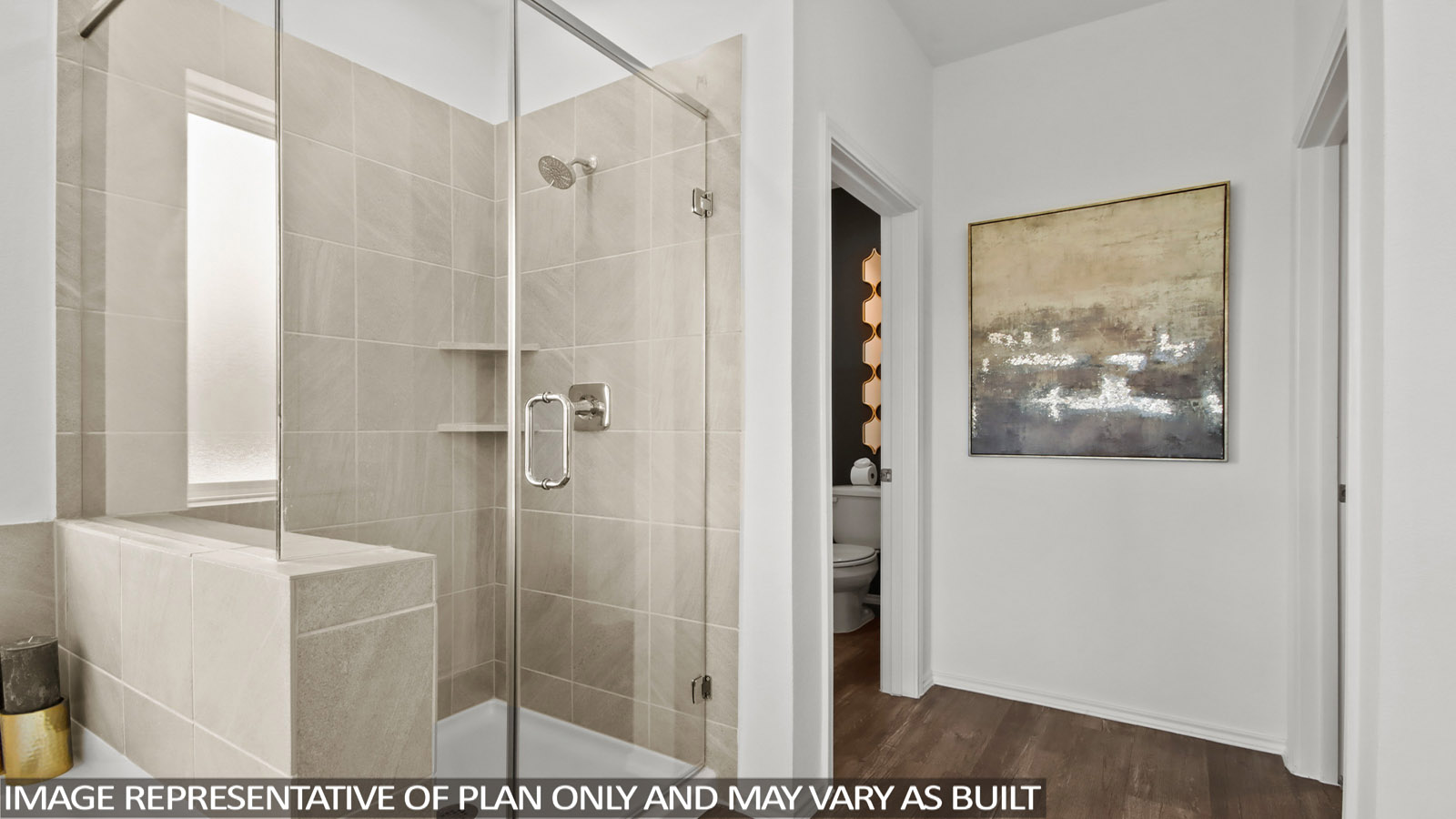 Bathroom with a standing shower and a separate room with a toilet.