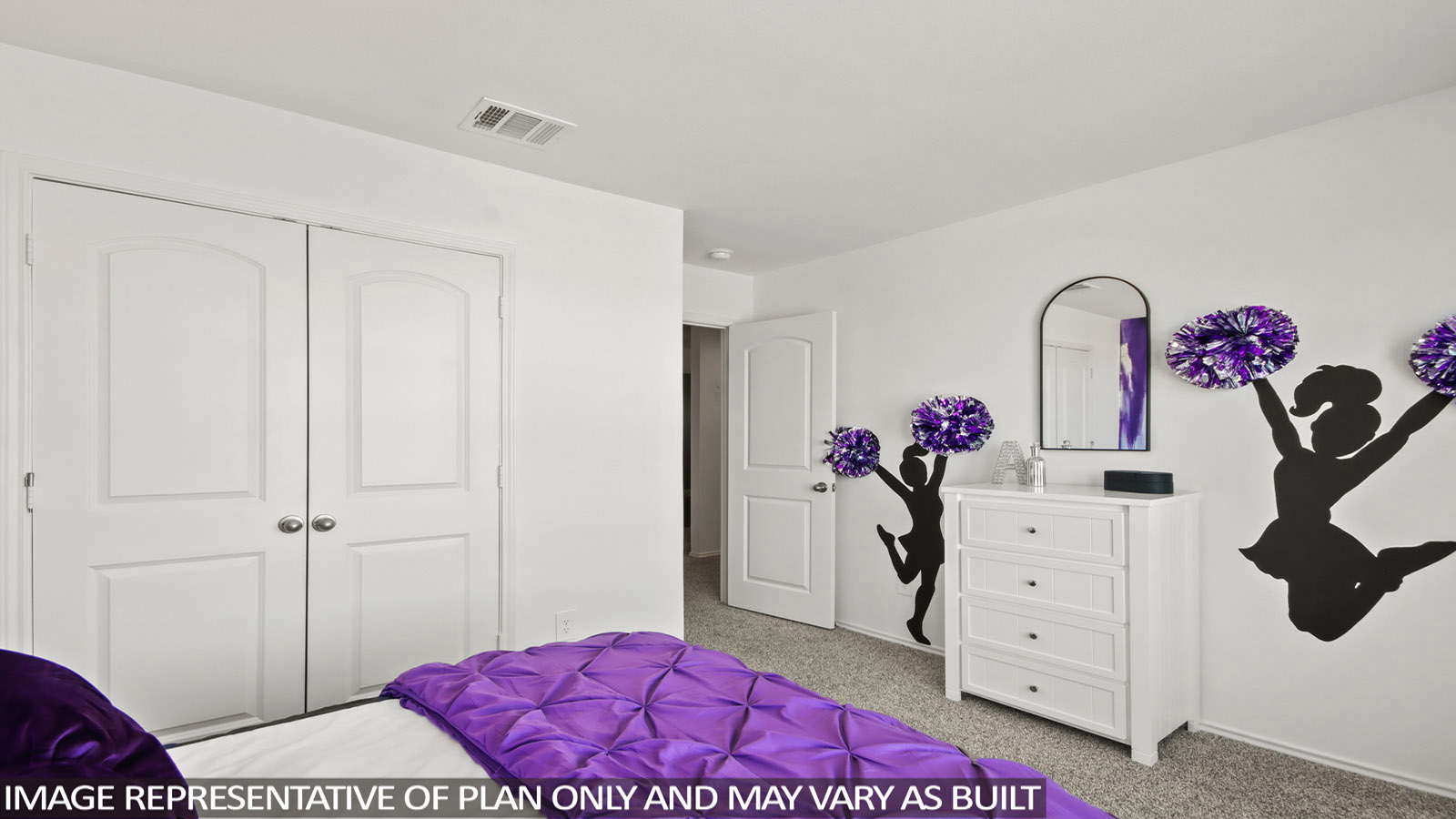 Bedroom featuring a bed with purple bedding and a white dresser.