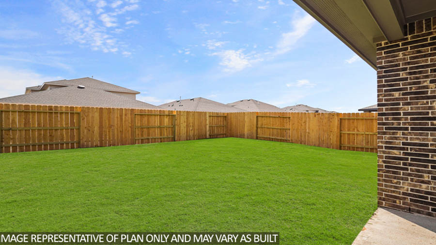 Large backyard with a covered patio.