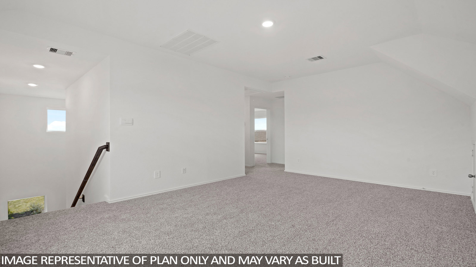 Second story game room with carpet flooring