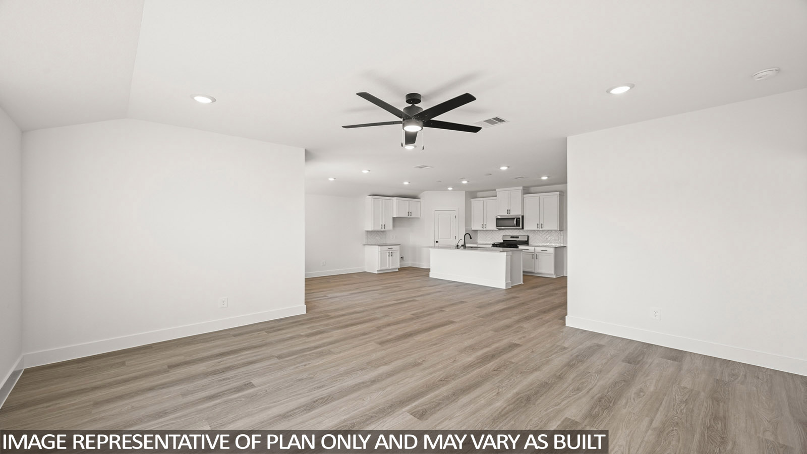 open concept living and dining area with vinyl flooring, quartz countertops, and stainless steel appliances in Katy,Tx
