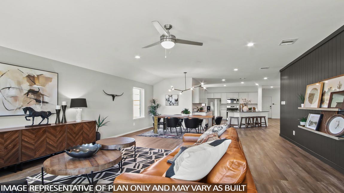 oprn concept living and dining area with vinyl flooring, large windows, and quartz countertops