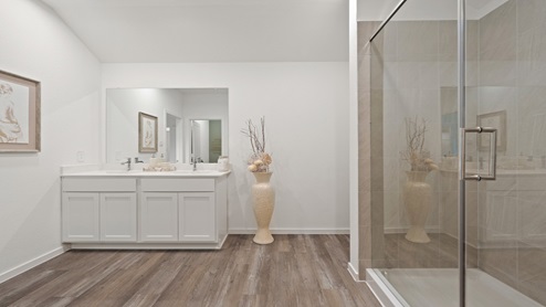Primary bathroom with dual sinks, walk-in shower, storage shelves, white walls, and vinyl wood flooring.