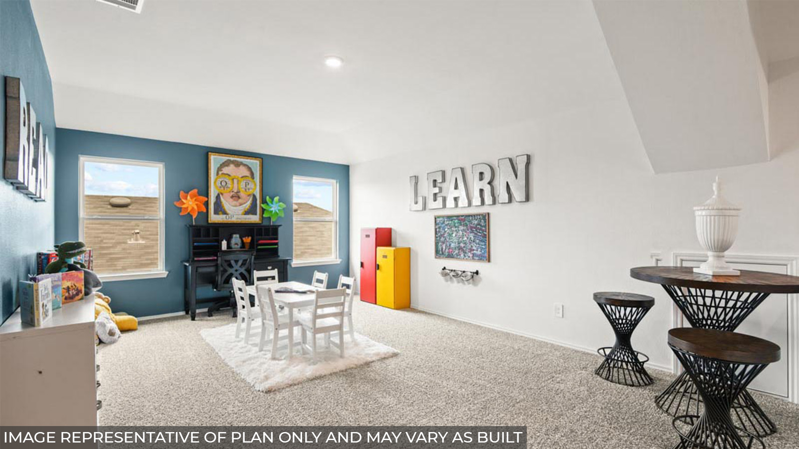 Second story game room with carpet flooring