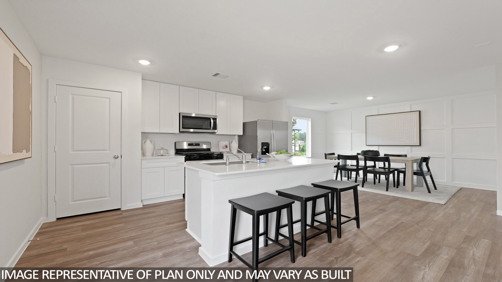 open concept living and dining area with vinyl flooring, large windows and quartz countertops