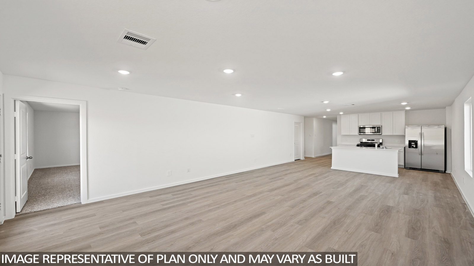 open concept living and dining area with vinyl flooring and large windows