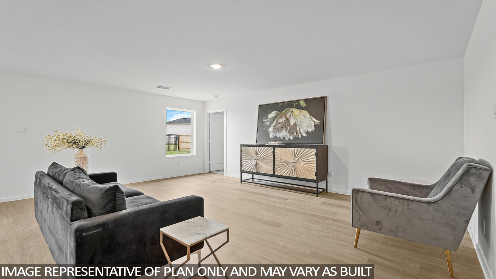 open concept living and dining area with vinyl flooring and large windows