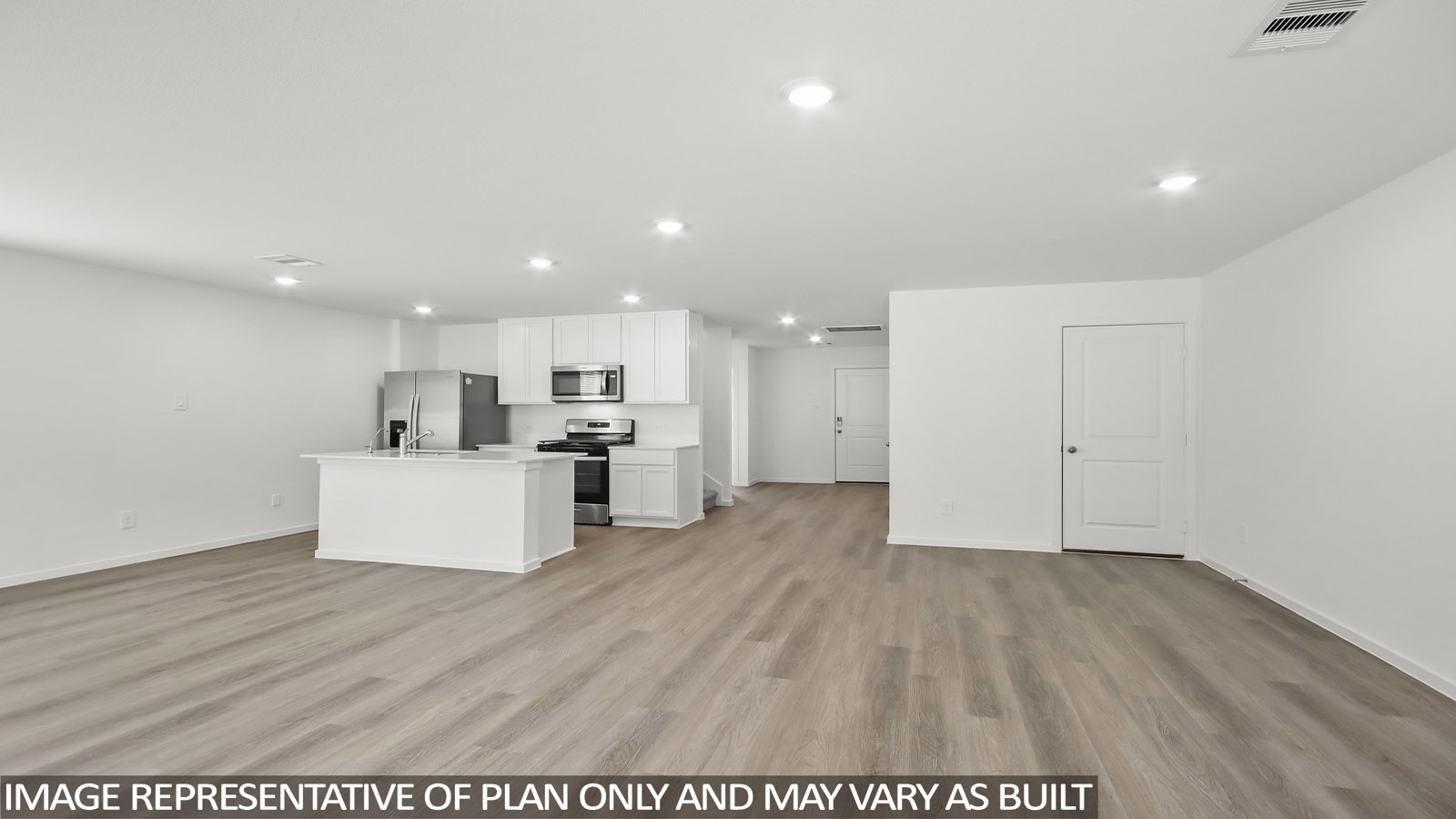 open concept living and dining area with vinyl flooring, large windows, and stainless steel appliances