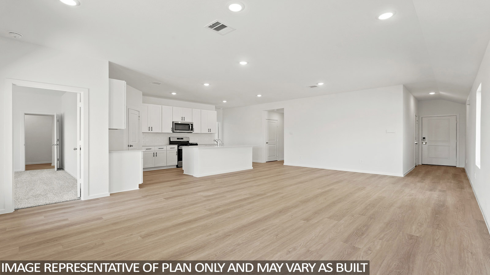 open concept living and dining area with vinyl flooring , quartz countertops, and large windows