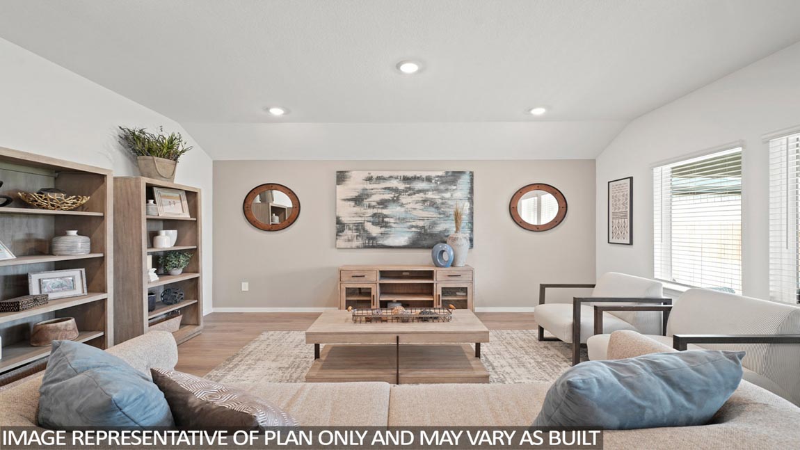 open concept living and dining area with vinyl fooring, quartz countertops, and large windows