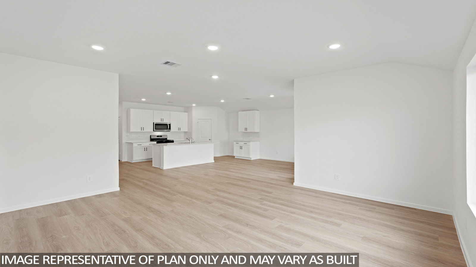 open concept living and dining area with vinyl flooring and large windows