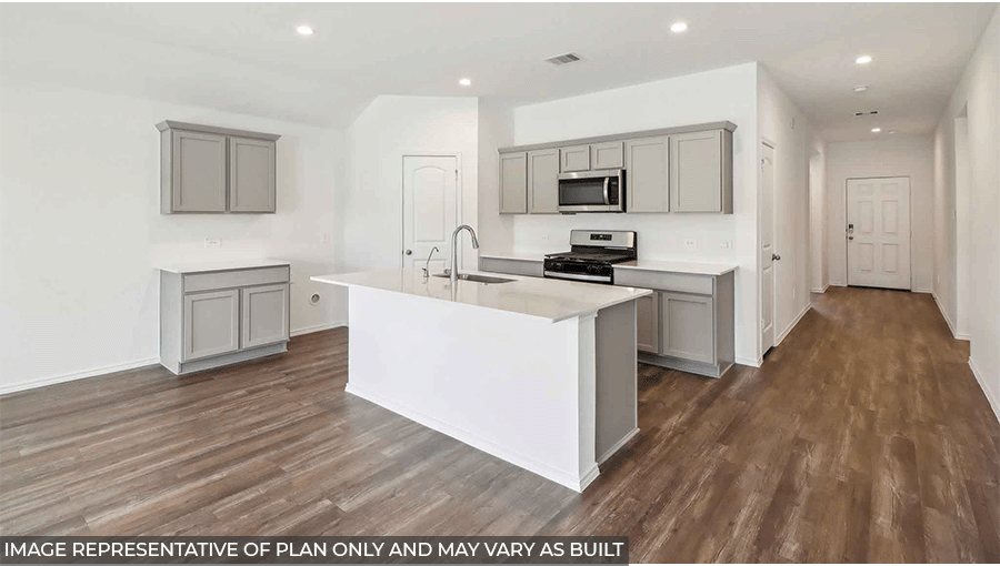 open concept living and dining area with vinyl flooring, large windows, and quartz countertops