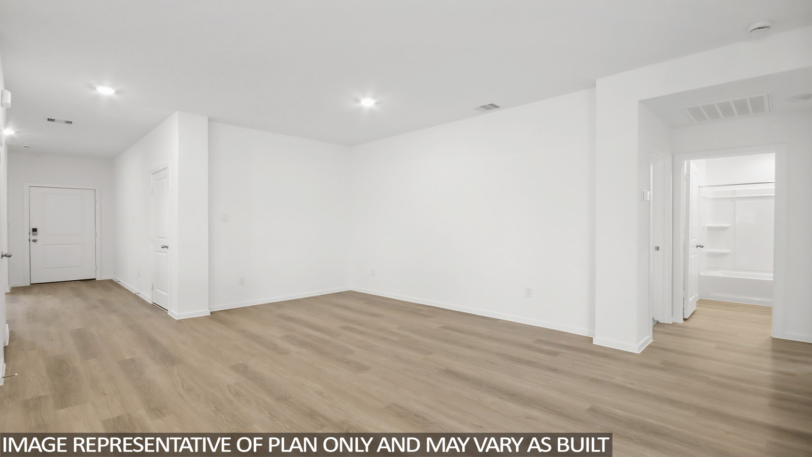 open concept living and dining area with vinyl flooring, large windows.