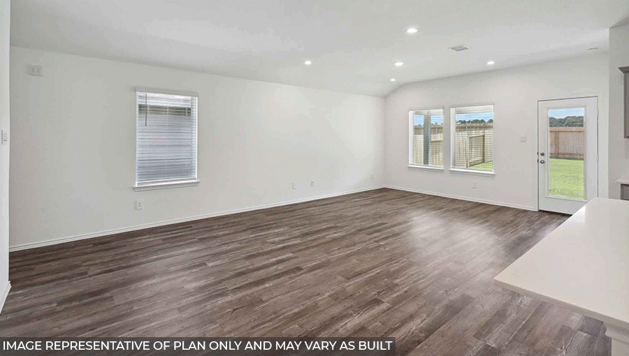 Open living room with windows, vinyl wood flooring, and white walls.