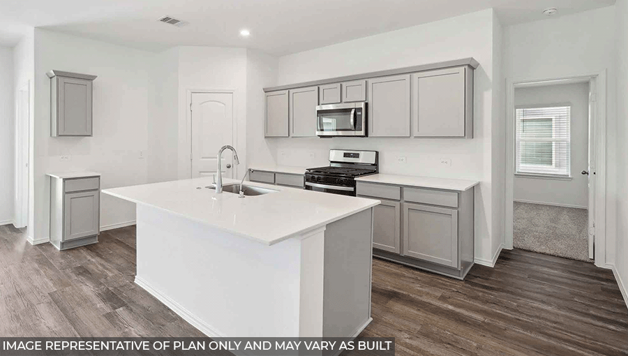 Open kitchen with stainless steel appliances, light gray cabinets, white walls, an island, and vinyl wood flooring.