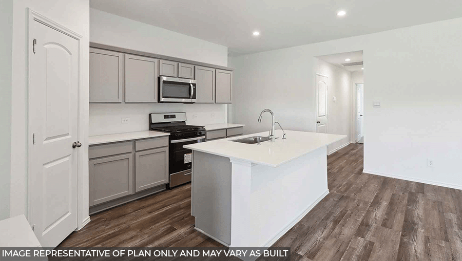 Open kitchen with stainless steel appliances, light gray cabinets, white walls, an island, and vinyl wood flooring.