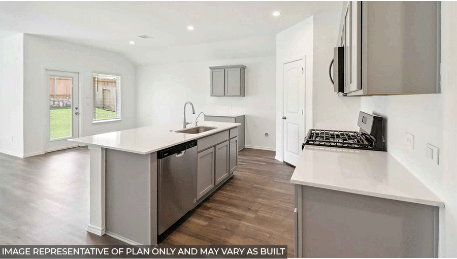 Open kitchen with an island, stainless steel appliances, light gray cabinets, white countertops, white walls, and vinyl wood flooring.