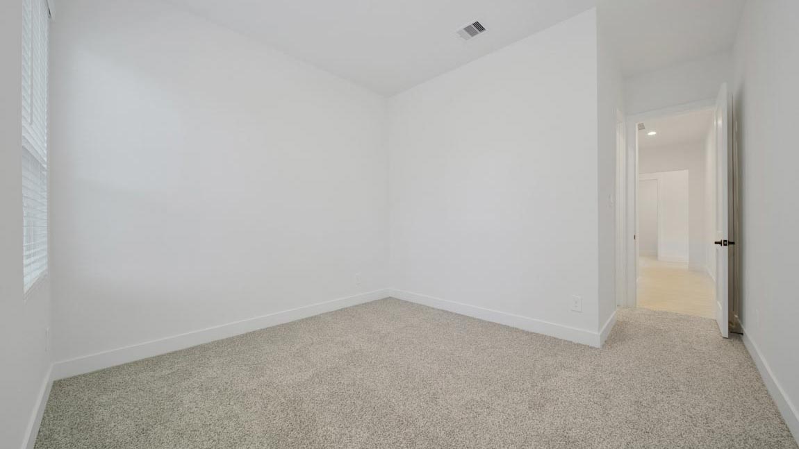 Secondary bedroom with shag carpet flooring and bright window