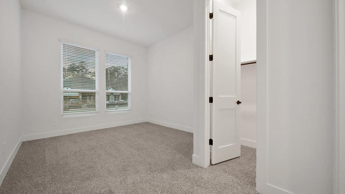 Secondary bedroom with shag carpet flooring and bright window
