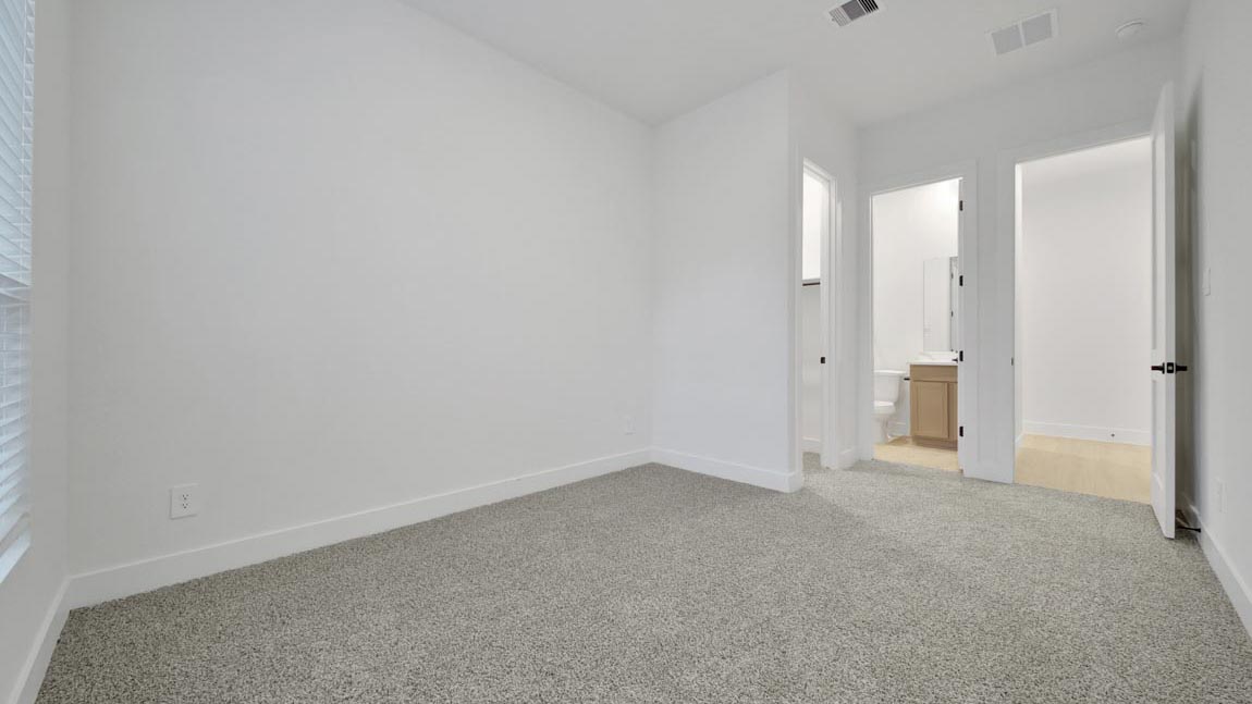 Secondary bedroom with shag carpet flooring and bright window