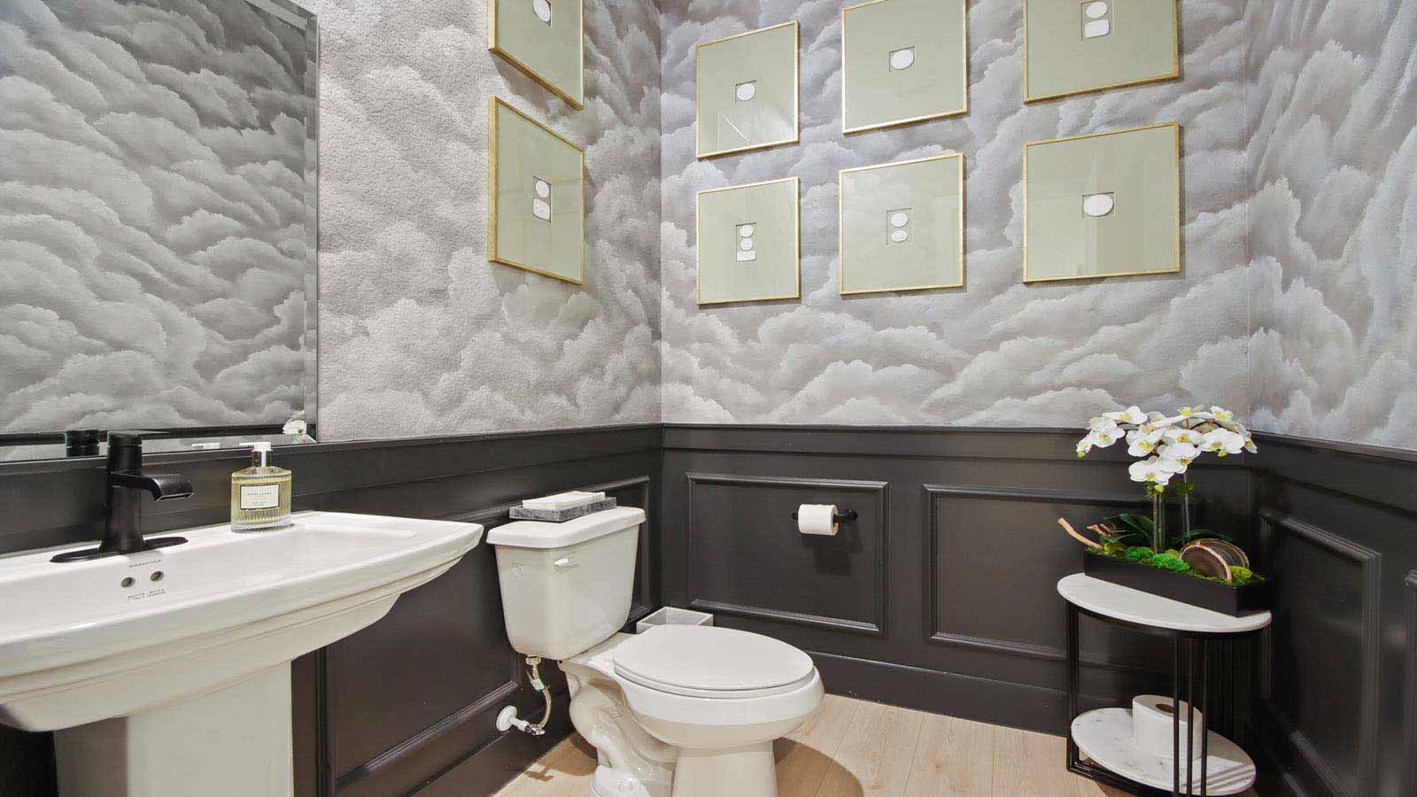 Powder bathroom with pedestal sink