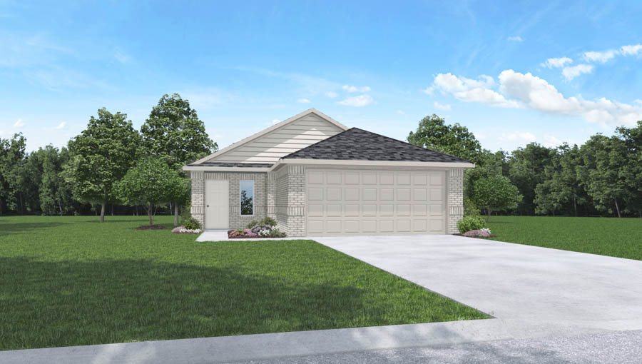Single-story home rendering with two-car garage.