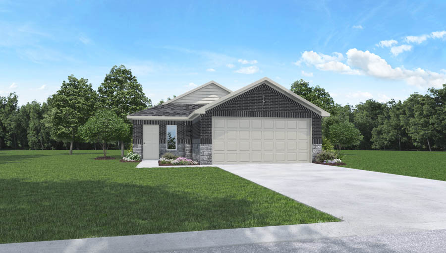 Single-story home rendering with two-car garage.