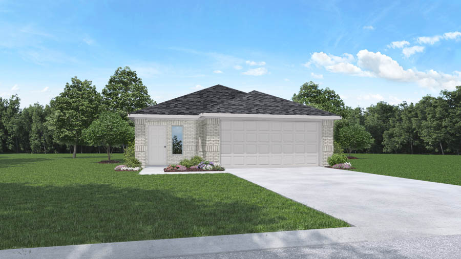 Single-story house rendering with two-car garage.