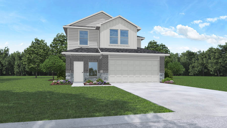 Two-story home rendering with two-car garage.