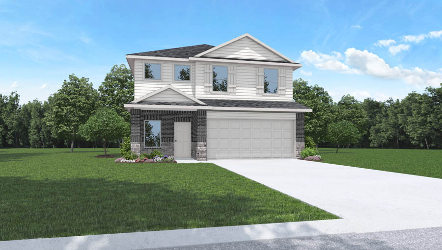 Two-story home rendering with two-car garage.