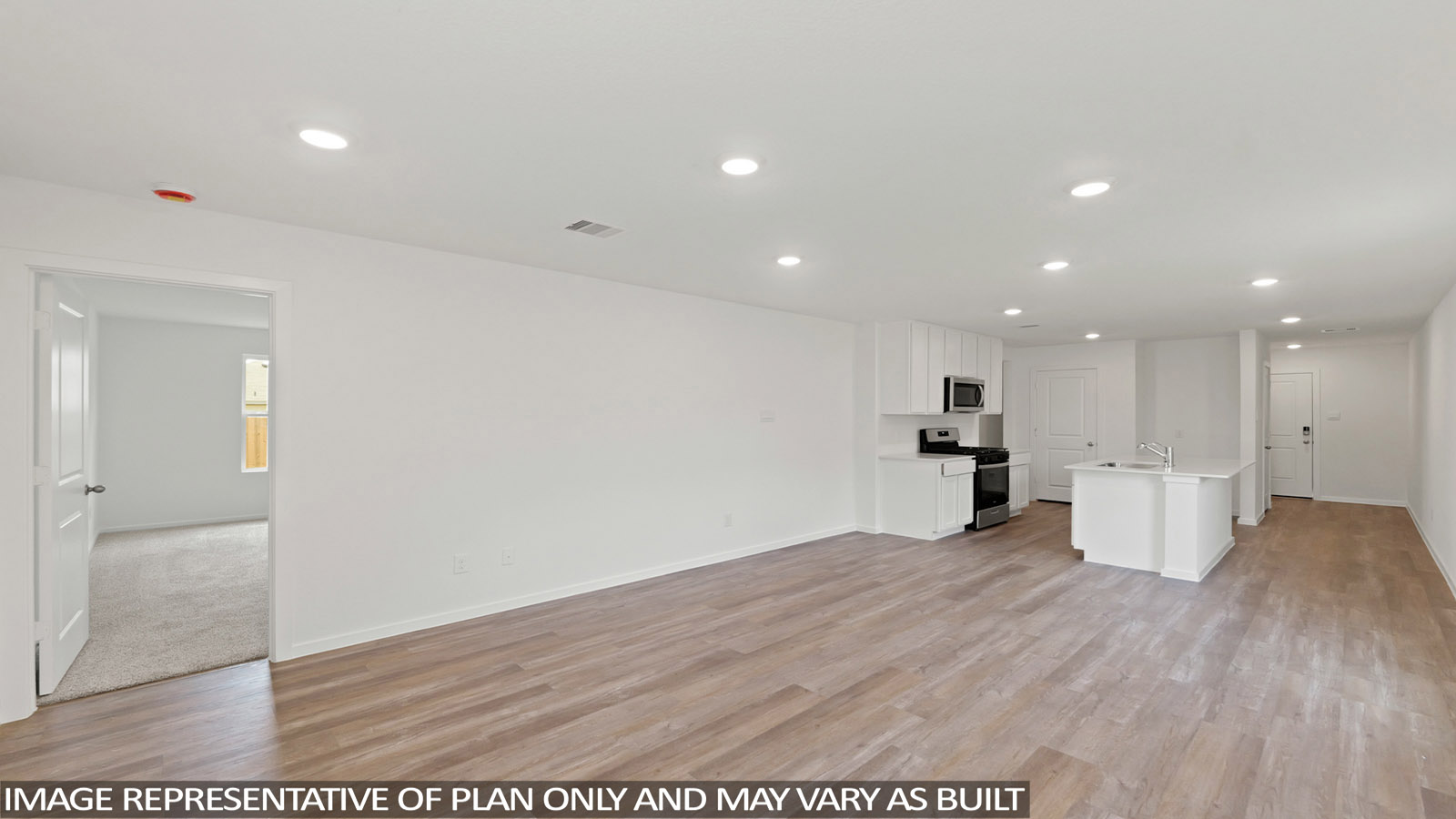 open concept living and dining area with vinyl flooring, large windows, and quartz countertops