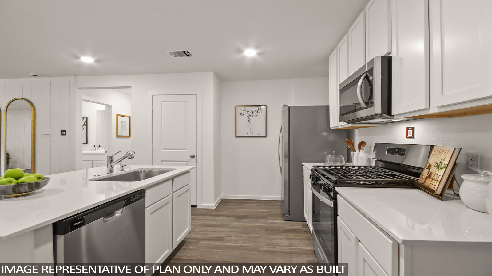 Open concept living and dining area with vinyl flooring, quartz countertops, and large windows