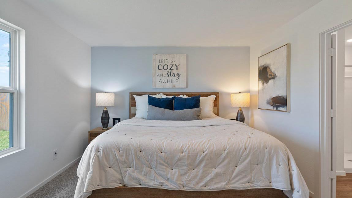 Large Primary bedroom with shag carpet flooring and bright window