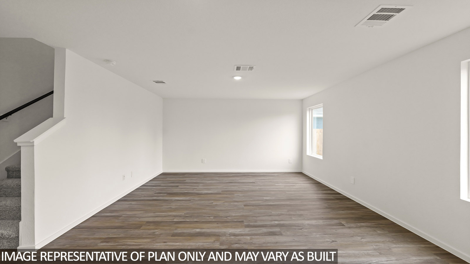 open concept living and dining area with vinyl flooring, large windows, quartz countertops in Hockley, TX