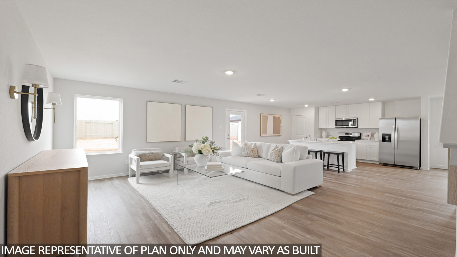 open concept living and dining area with vinyl flooring, quartz countertops, and large windows